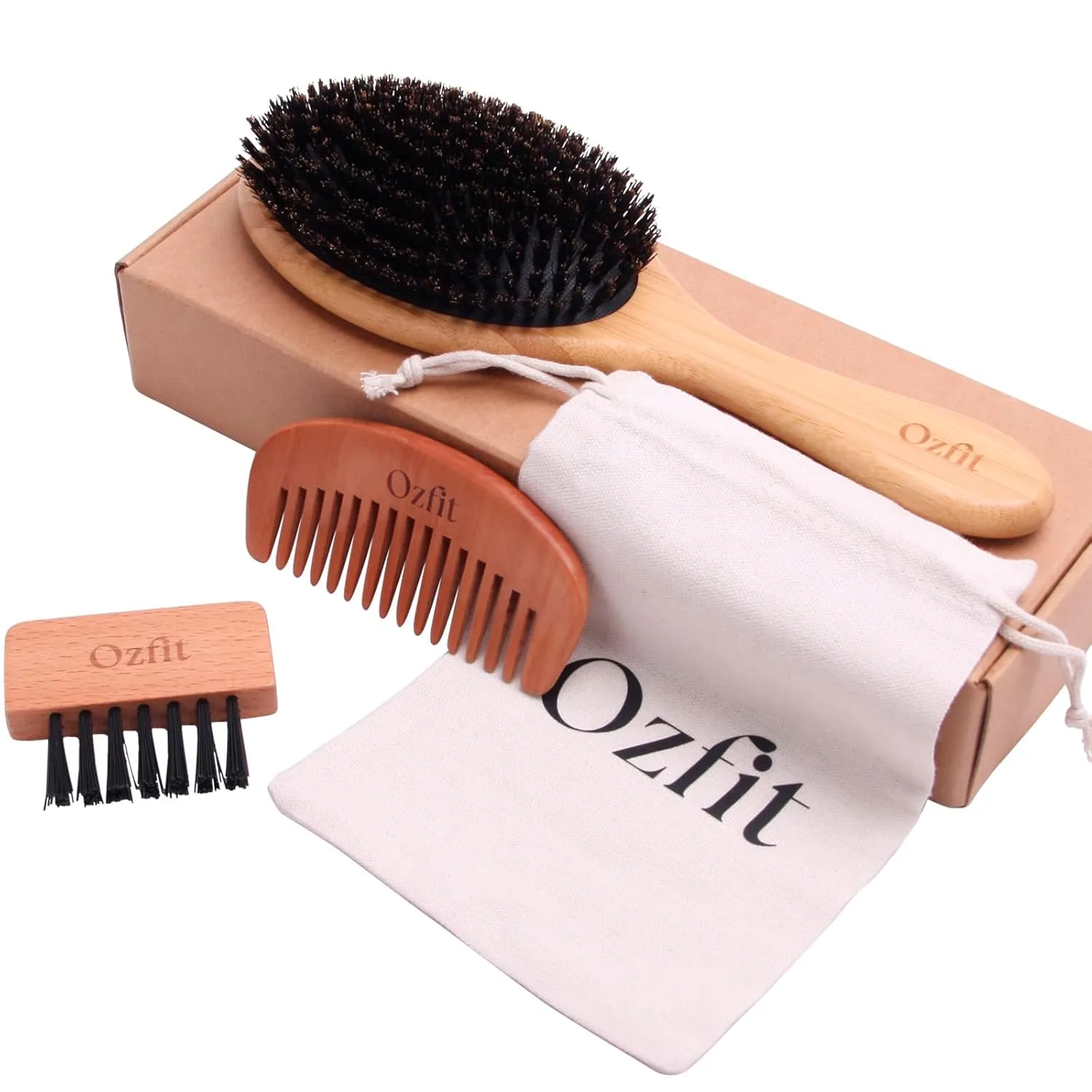 100% Boar Bristle Hair Brush - Natural Bamboo Hair Brush for Men & Women, Promotes Hair Growth, Includes Travel Bag & Cleaner
