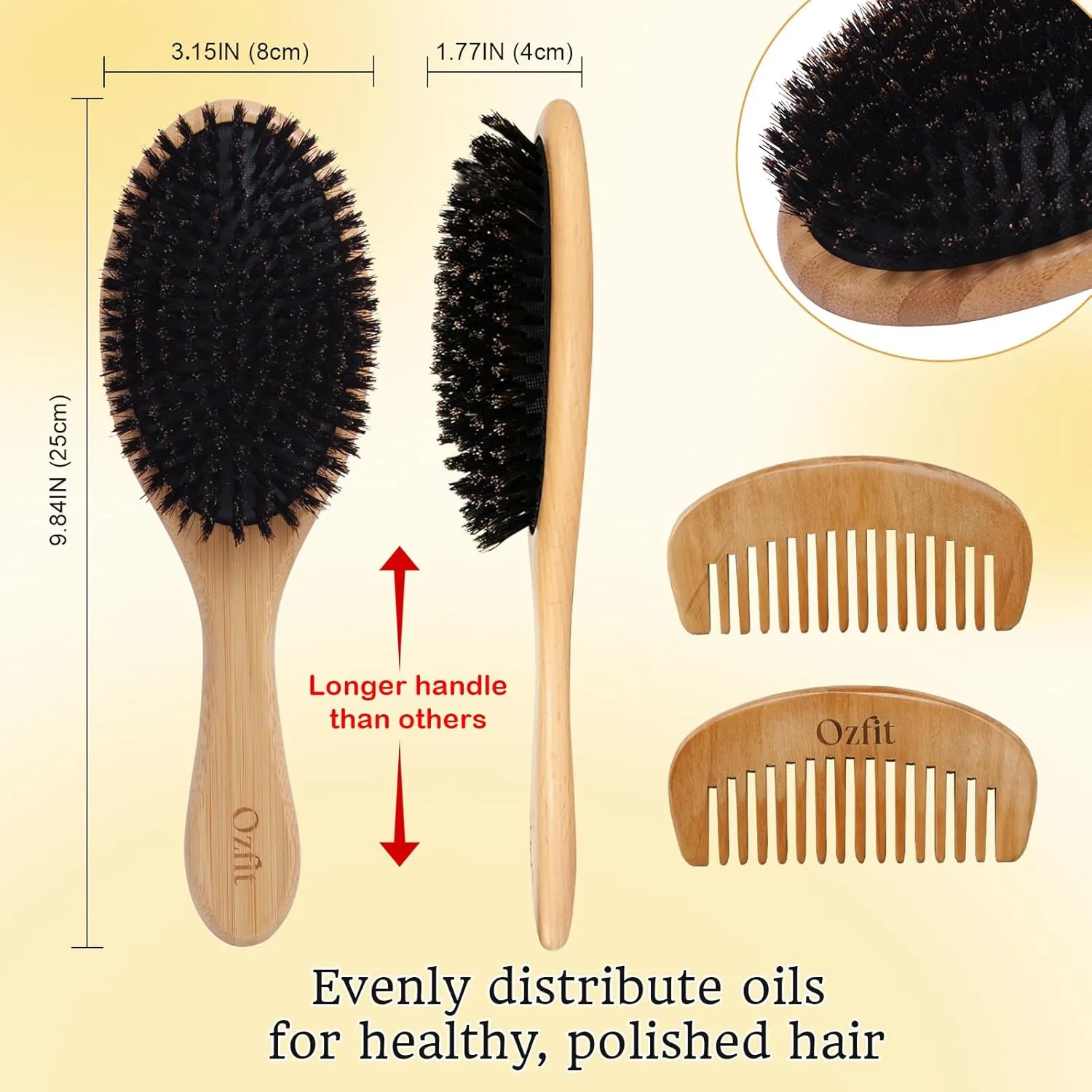 100% Boar Bristle Hair Brush - Natural Bamboo Hair Brush for Men & Women, Promotes Hair Growth, Includes Travel Bag & Cleaner