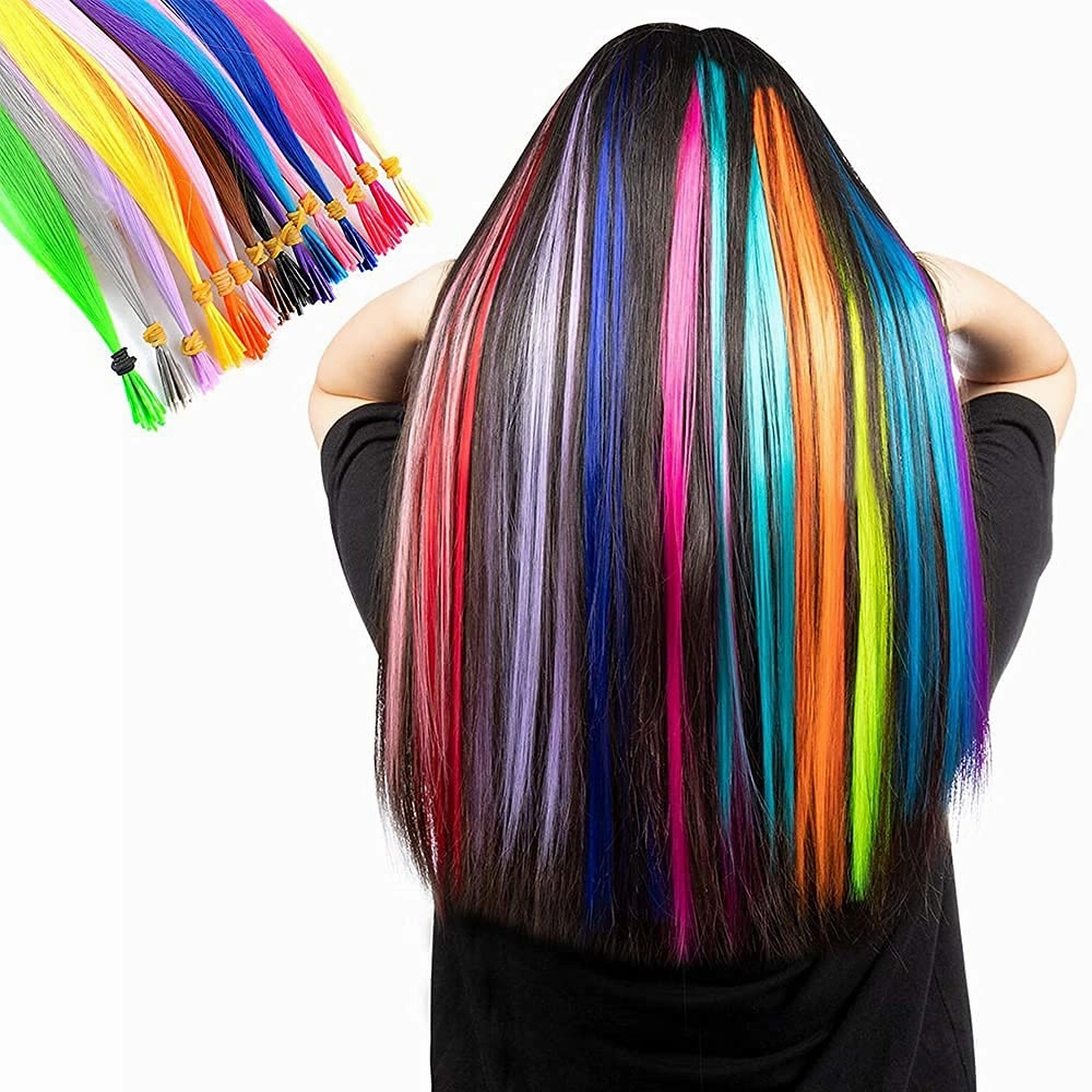 100 Strands 20" Party Colors Hair Extensions Kit I-Tip Fusion Long Straight Hairpieces Synthetic Heat Resistant Highlight Feather Micro Ring Hair Accessories, Include 100 Microbeads with Hook Tool