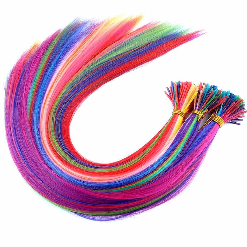 100 Strands 20" Party Colors Hair Extensions Kit I-Tip Fusion Long Straight Hairpieces Synthetic Heat Resistant Highlight Feather Micro Ring Hair Accessories, Include 100 Microbeads with Hook Tool