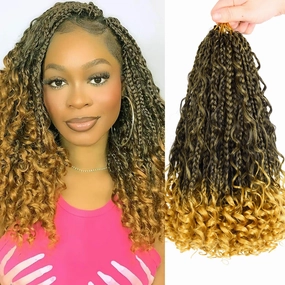 10 Inch Goddess Boho Box Braids Crochet Hair for Black Women 8 Packs Pre Looped 3X Twists Crochet Braids With Curls Synthetic Braiding Hair Extensions (12Strands/Pack;1B/Gold#)