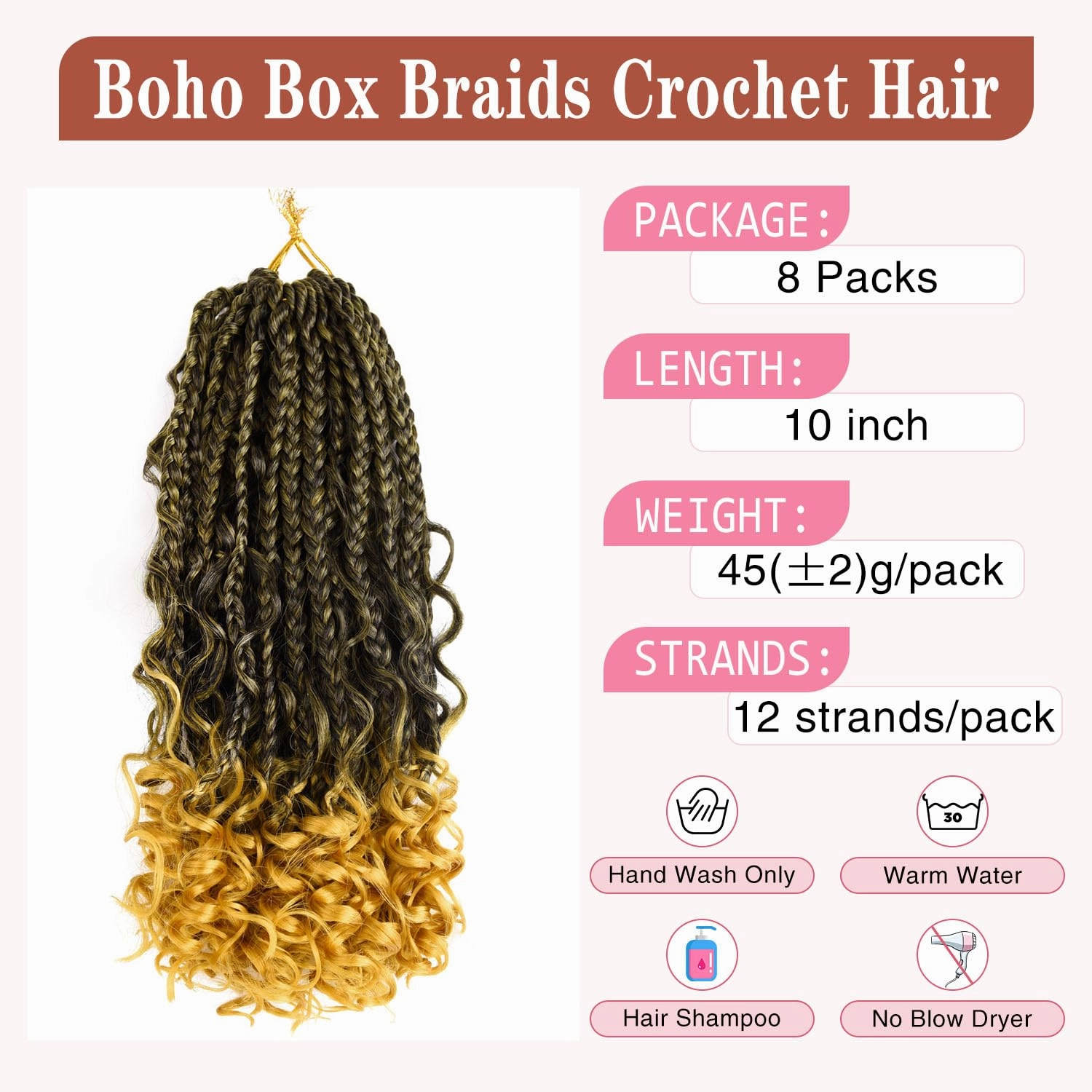 10 Inch Goddess Boho Box Braids Crochet Hair for Black Women 8 Packs Pre Looped 3X Twists Crochet Braids With Curls Synthetic Braiding Hair Extensions (12Strands/Pack;1B/Gold#)