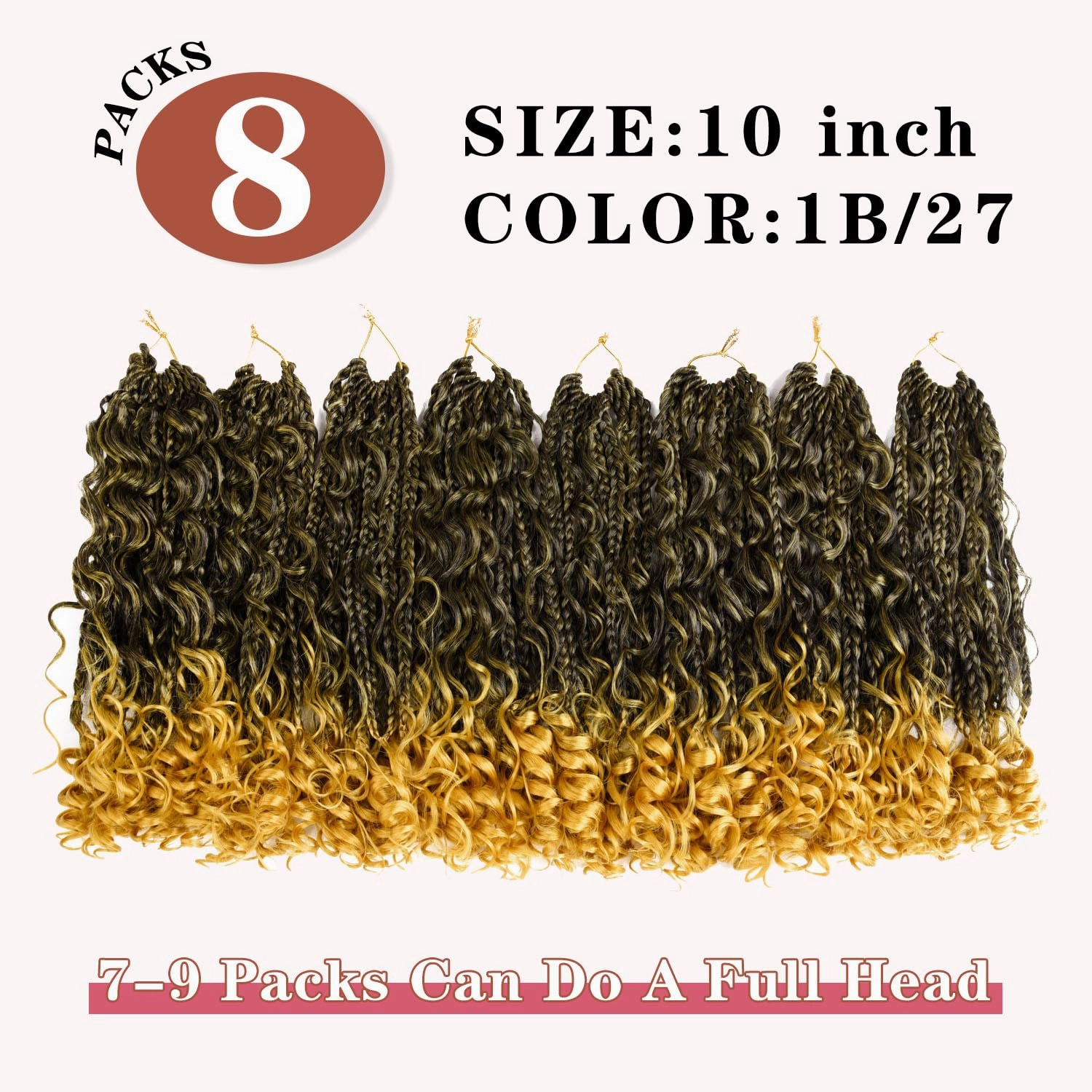 10 Inch Goddess Boho Box Braids Crochet Hair for Black Women 8 Packs Pre Looped 3X Twists Crochet Braids With Curls Synthetic Braiding Hair Extensions (12Strands/Pack;1B/Gold#)