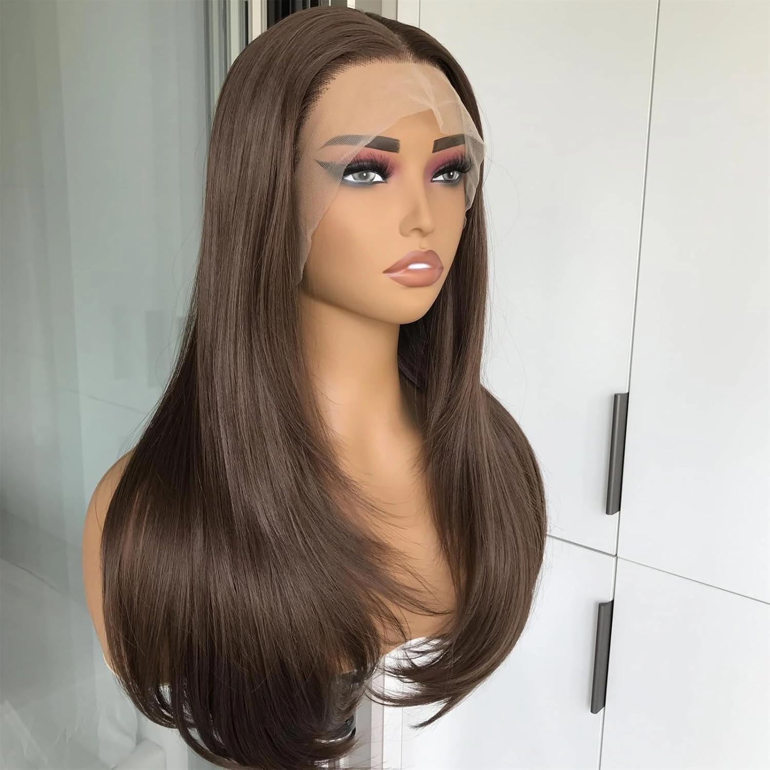13x4 Chocolate Brown Lace Front Wig Synthetic Hair HD Transparent Straight Lace Frontal Wigs Pre Plucked Brown Wig Colored Synthetic Lace Wigs for Women Long Layered Wig Daily 22inch