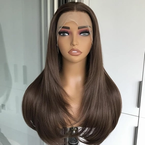 13x4 Chocolate Brown Lace Front Wig Synthetic Hair HD Transparent Straight Lace Frontal Wigs Pre Plucked Brown Wig Colored Synthetic Lace Wigs for Women Long Layered Wig Daily 22inch