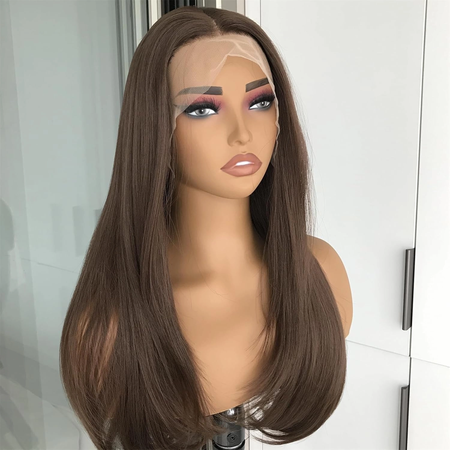 13x4 Chocolate Brown Lace Front Wig Synthetic Hair HD Transparent Straight Lace Frontal Wigs Pre Plucked Brown Wig Colored Synthetic Lace Wigs for Women Long Layered Wig Daily 22inch