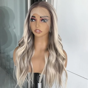 13x4 Highlight Lace Front Wigs Synthetic Hair Pre Plucked Glueless Wigs Blonde Mix Brown Colored Body Wave Synthetic Lace Front Wig 22Inch for Women Daily Use