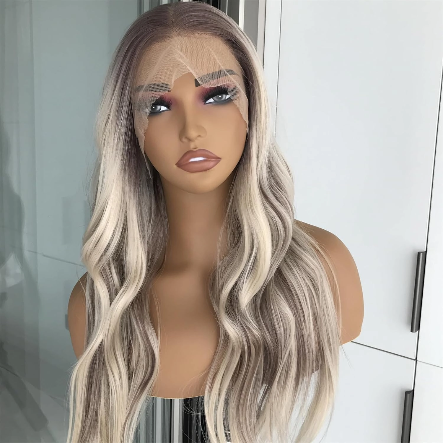 13x4 Highlight Lace Front Wigs Synthetic Hair Pre Plucked Glueless Wigs Blonde Mix Brown Colored Body Wave Synthetic Lace Front Wig 22Inch for Women Daily Use