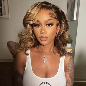 14 Inch Bob Wig Human Hair Honey Blonde 13x4 Body Wave Lace Front Wigs P4/27 180% Density Human Hair Wigs for Black Women with Baby Hair Around