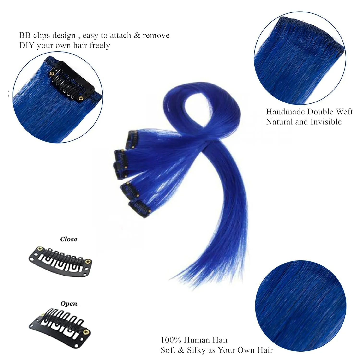 18 Inch High light Clip in Human Hair Extensions 100% Straight Clip on Party Highlights Colored Hair Extensions 6 Pieces/set (Blue)