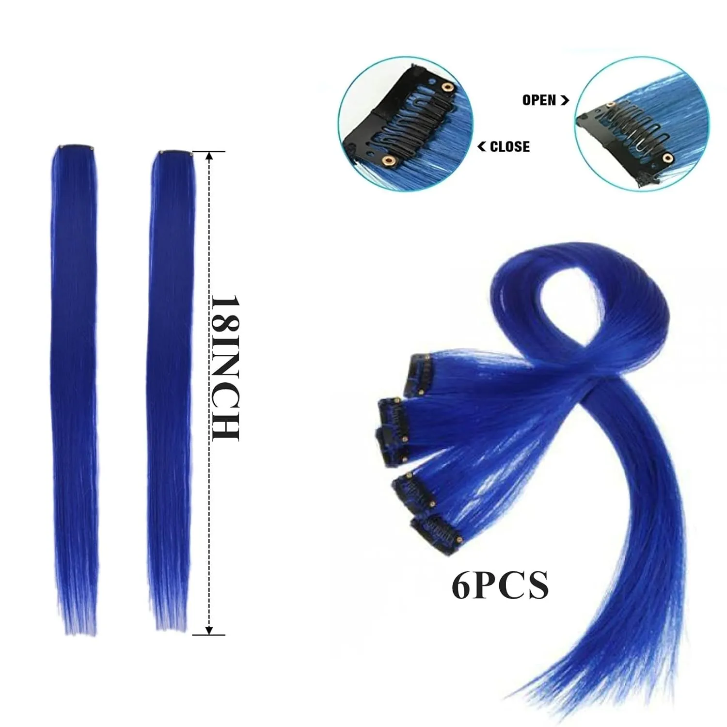 18 Inch High light Clip in Human Hair Extensions 100% Straight Clip on Party Highlights Colored Hair Extensions 6 Pieces/set (Blue)