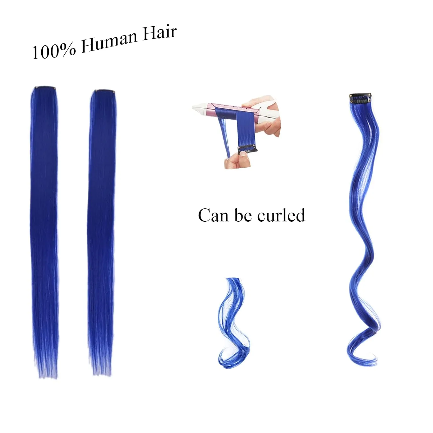 18 Inch High light Clip in Human Hair Extensions 100% Straight Clip on Party Highlights Colored Hair Extensions 6 Pieces/set (Blue)