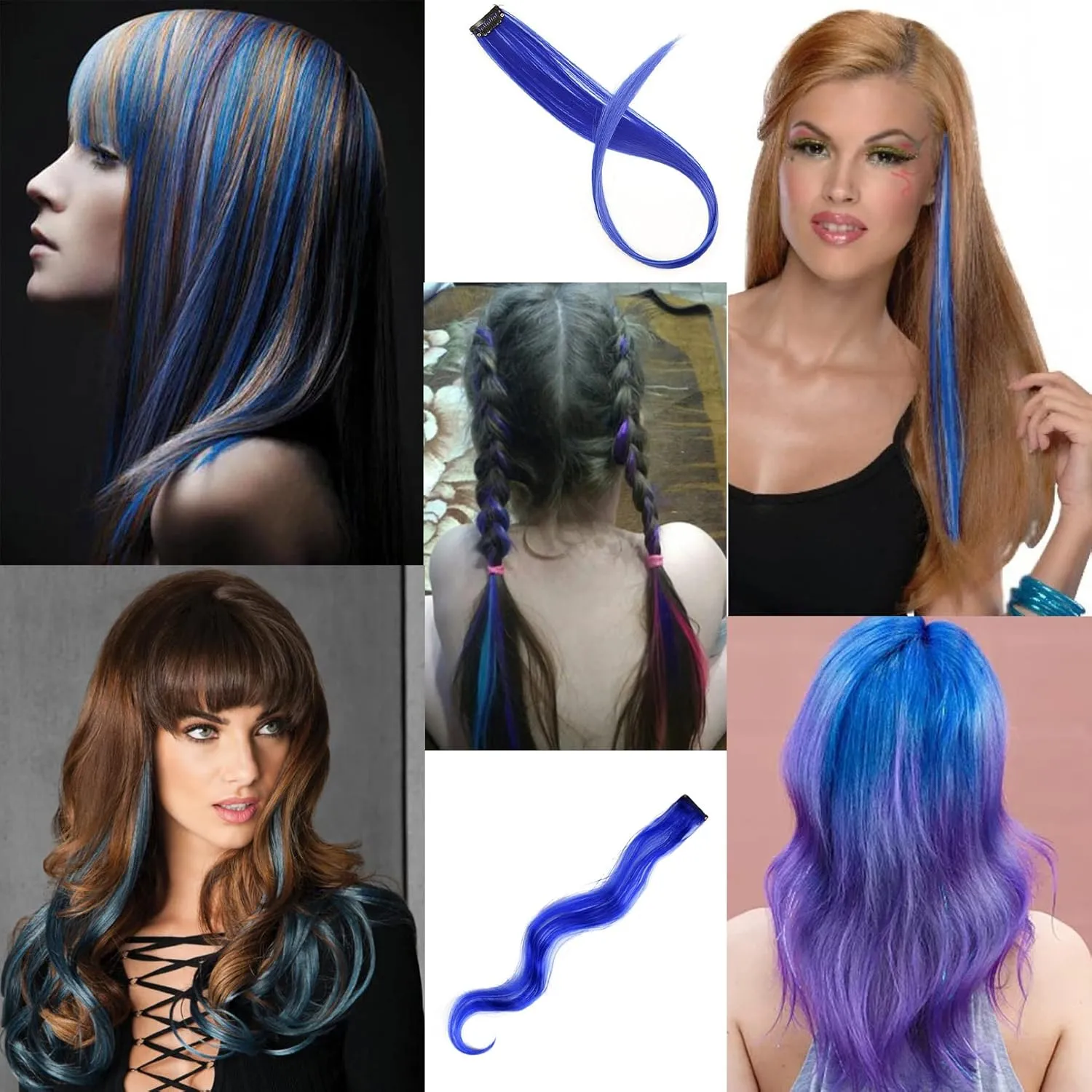 18 Inch High light Clip in Human Hair Extensions 100% Straight Clip on Party Highlights Colored Hair Extensions 6 Pieces/set (Blue)