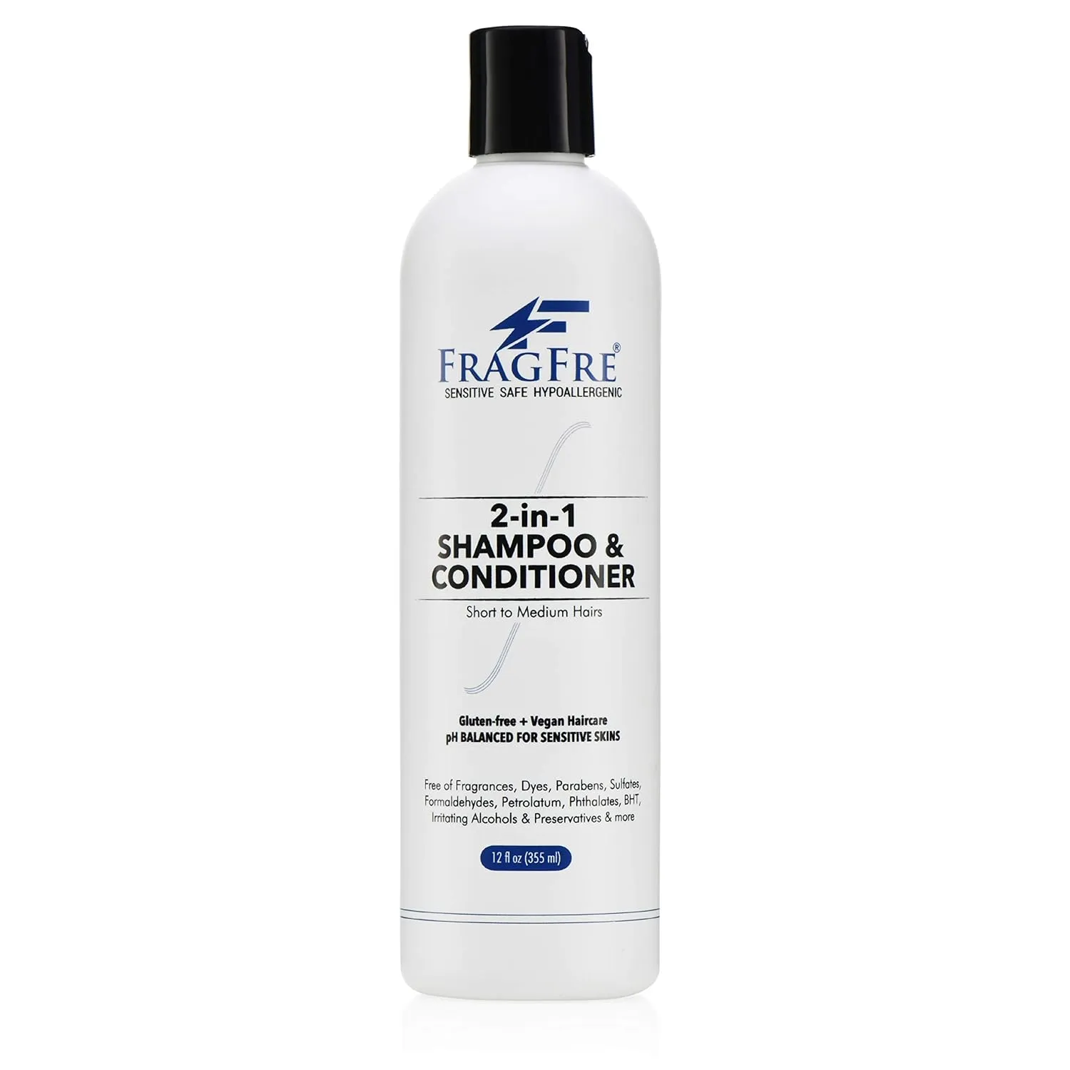 2 in 1 Shampoo and Conditioner 12 oz - Fragrance Free Conditioning Shampoo for Short to Medium Hairs - Color Safe Wash and Go - Sulfate Free Cleansing Conditioner for Sensitive Scalps (1 Pack)