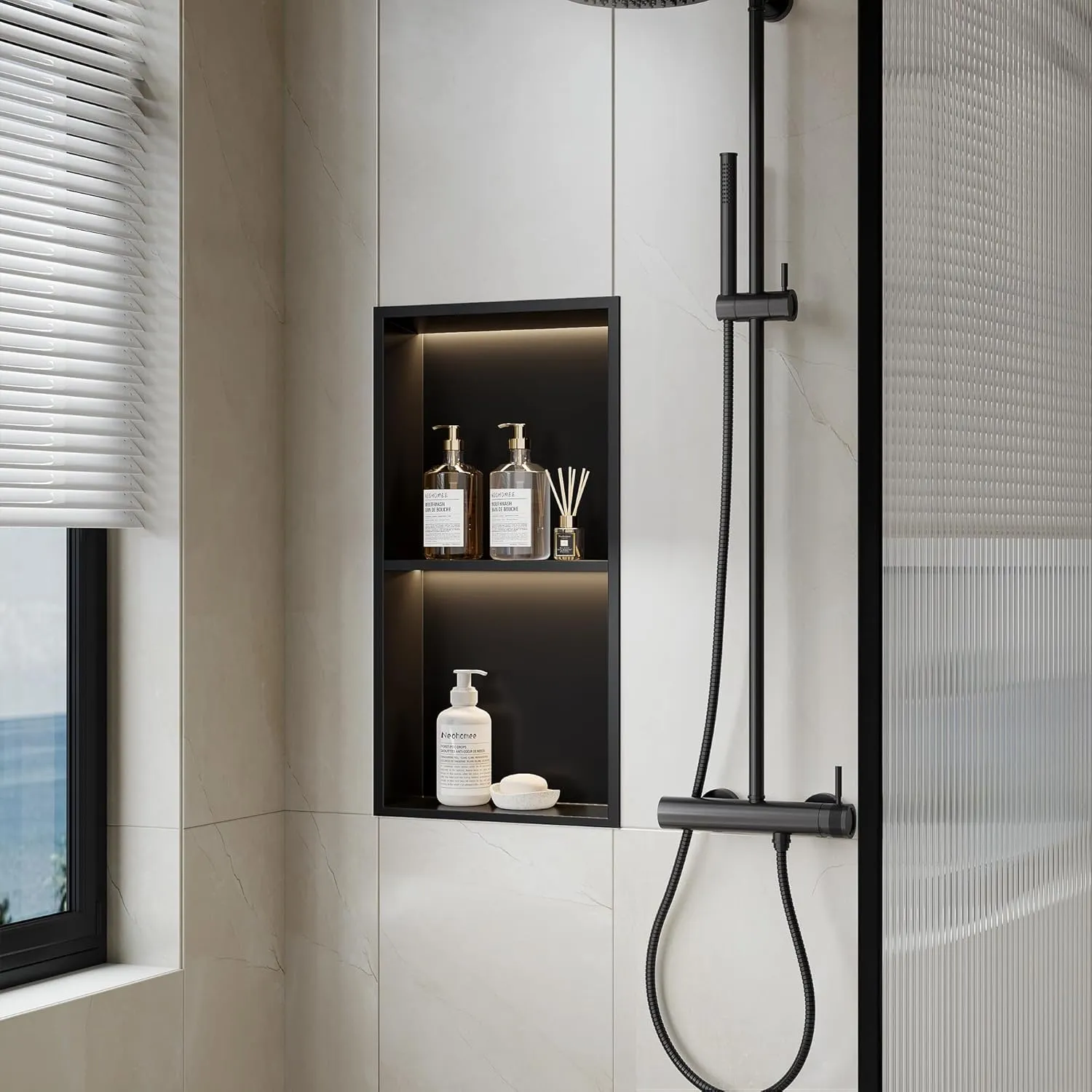 2-Tiers 12x24 Recessed Wall Niche with LED Light Strips, Matte Black LED Shower Niche Cabinet, Stainless Steel Bathroom Shelf, NO Tile Needed Storage Organizer (3000K LED Light)