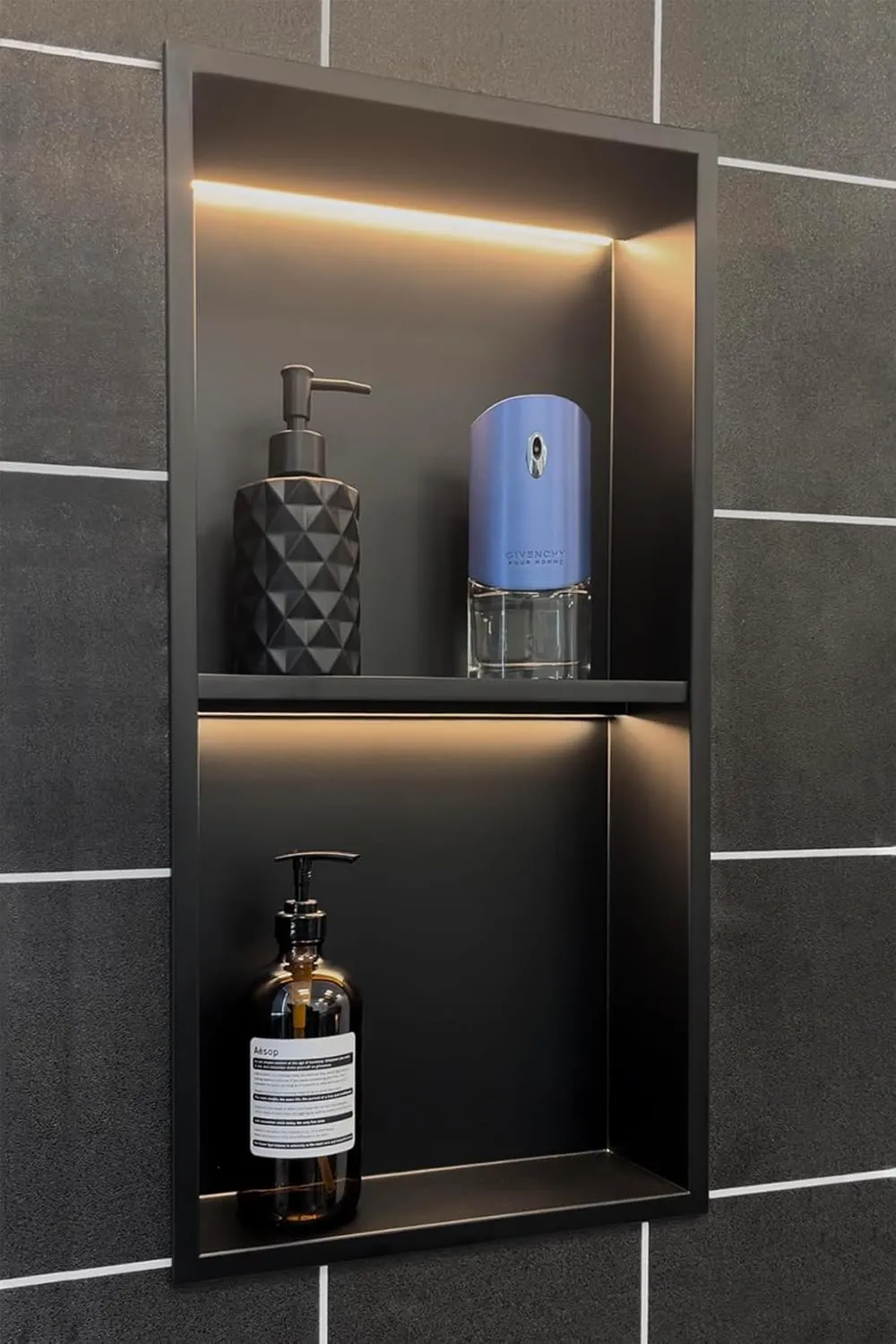 2-Tiers 12x24 Recessed Wall Niche with LED Light Strips, Matte Black LED Shower Niche Cabinet, Stainless Steel Bathroom Shelf, NO Tile Needed Storage Organizer (3000K LED Light)