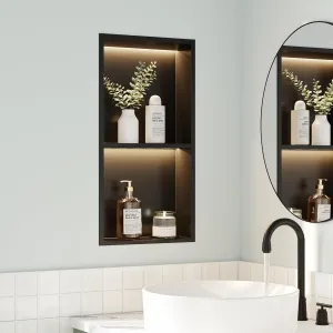 2-Tiers 12x24 Recessed Wall Niche with LED Light Strips, Matte Black LED Shower Niche Cabinet, Stainless Steel Bathroom Shelf, NO Tile Needed Storage Organizer (3000K LED Light)