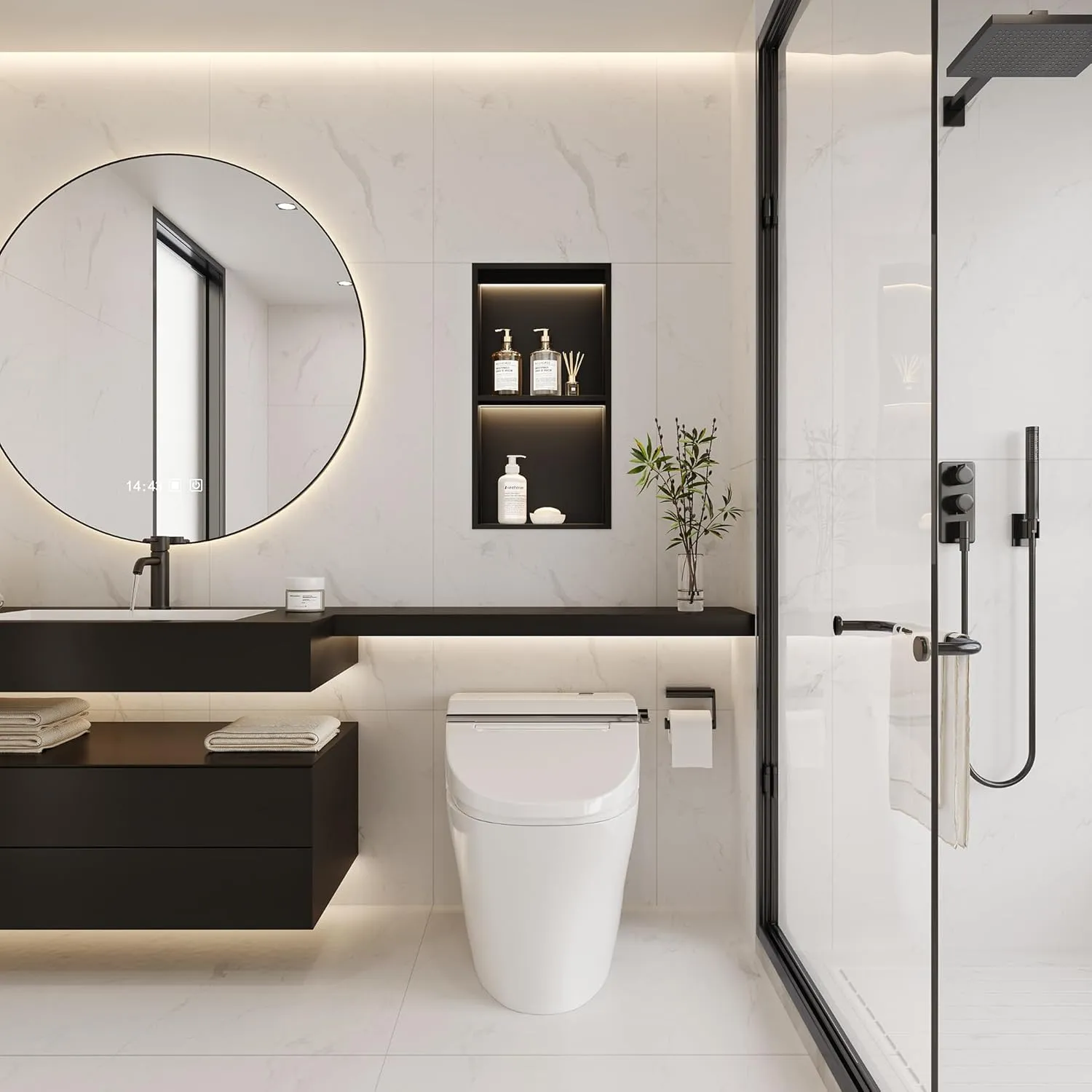 2-Tiers 12x24 Recessed Wall Niche with LED Light Strips, Matte Black LED Shower Niche Cabinet, Stainless Steel Bathroom Shelf, NO Tile Needed Storage Organizer (3000K LED Light)