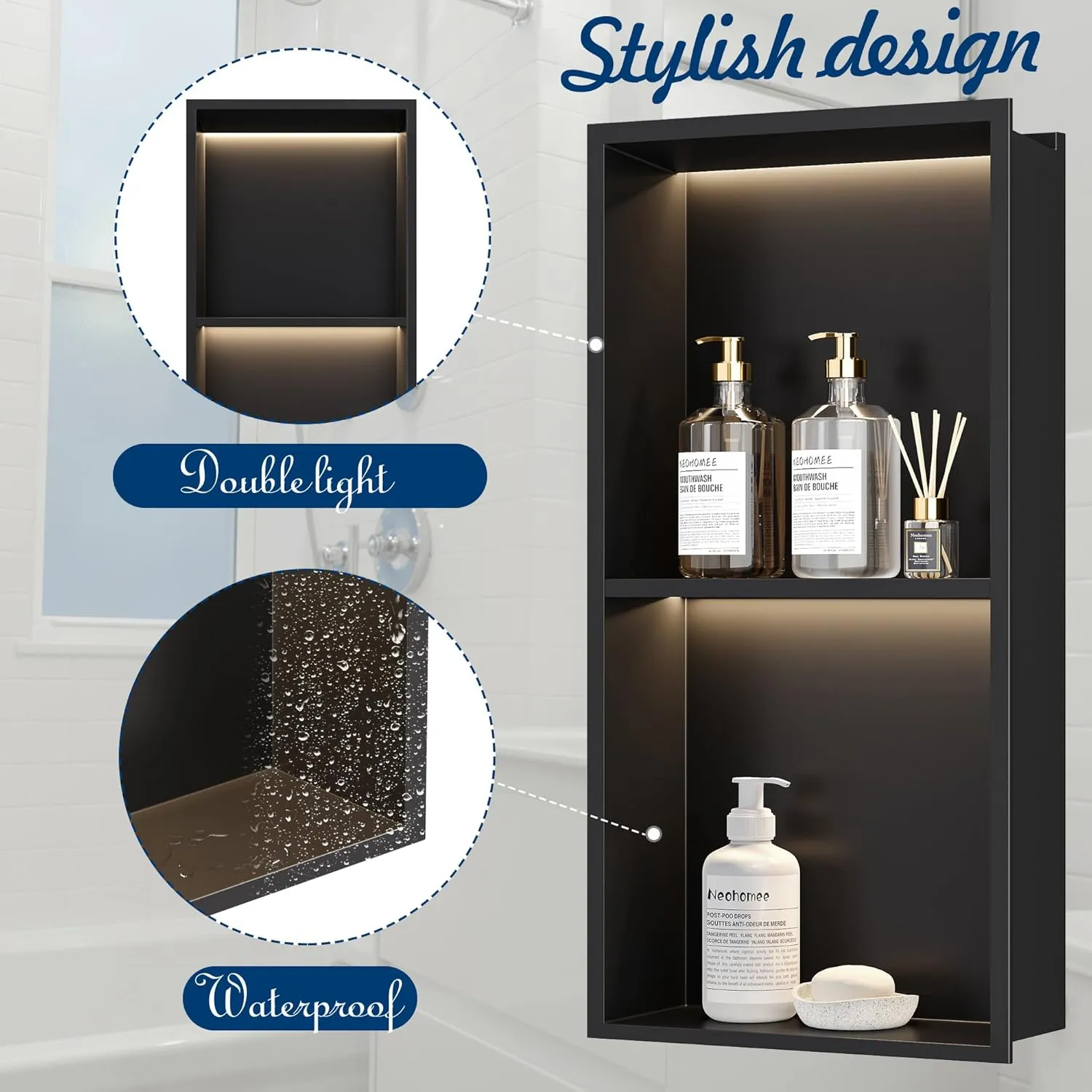 2-Tiers 12x24 Recessed Wall Niche with LED Light Strips, Matte Black LED Shower Niche Cabinet, Stainless Steel Bathroom Shelf, NO Tile Needed Storage Organizer (3000K LED Light)