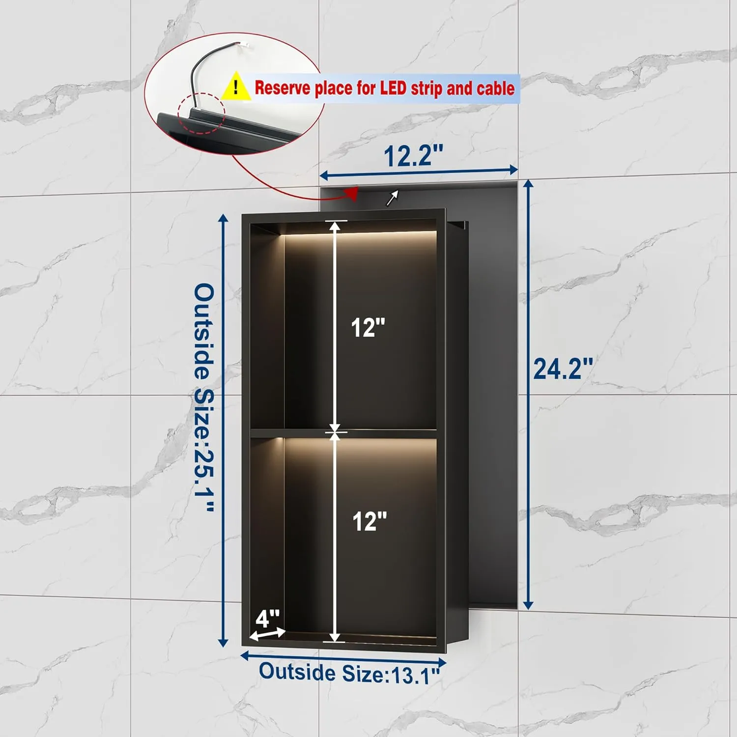 2-Tiers 12x24 Recessed Wall Niche with LED Light Strips, Matte Black LED Shower Niche Cabinet, Stainless Steel Bathroom Shelf, NO Tile Needed Storage Organizer (3000K LED Light)