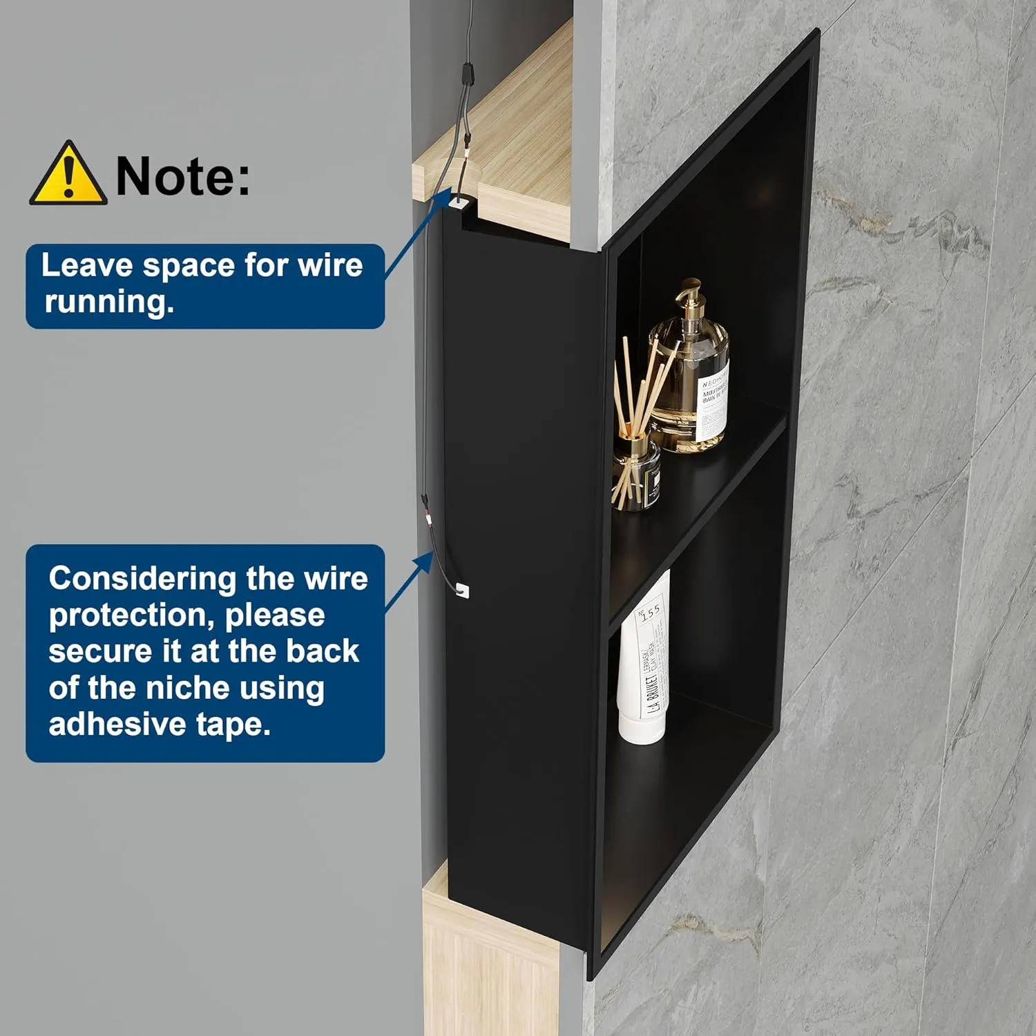 2-Tiers 12x24 Recessed Wall Niche with LED Light Strips, Matte Black LED Shower Niche Cabinet, Stainless Steel Bathroom Shelf, NO Tile Needed Storage Organizer (3000K LED Light)