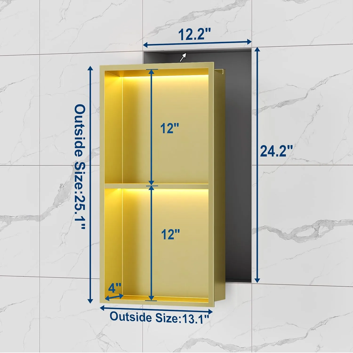 2-Tiers 12x24 Shower Niche with LED Light Strips, Golden Recessed Wall Cabinet, Stainless Steel Wall Niche for Shower Wall, Waterproof NO Tile Needed Storage Organizer (3000K LED Light)