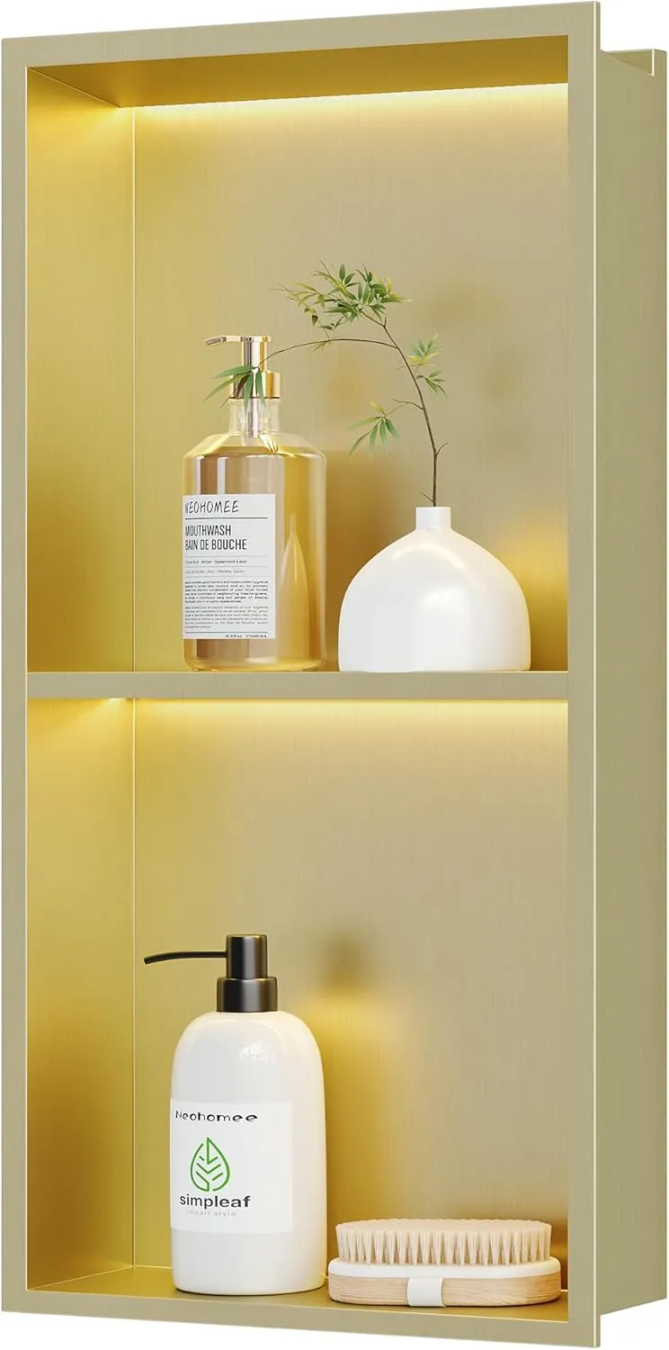 2-Tiers 12x24 Shower Niche with LED Light Strips, Golden Recessed Wall Cabinet, Stainless Steel Wall Niche for Shower Wall, Waterproof NO Tile Needed Storage Organizer (3000K LED Light)