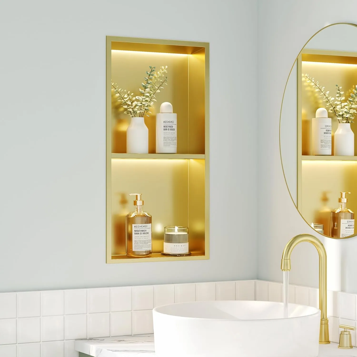 2-Tiers 12x24 Shower Niche with LED Light Strips, Golden Recessed Wall Cabinet, Stainless Steel Wall Niche for Shower Wall, Waterproof NO Tile Needed Storage Organizer (3000K LED Light)