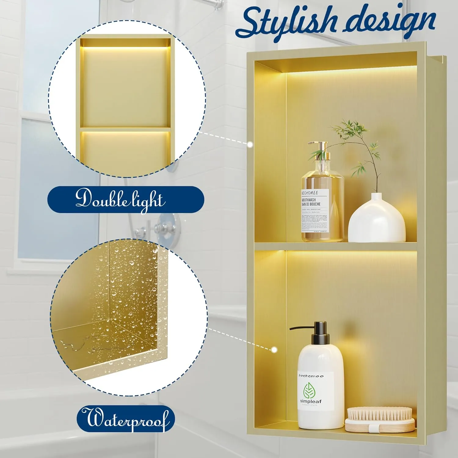 2-Tiers 12x24 Shower Niche with LED Light Strips, Golden Recessed Wall Cabinet, Stainless Steel Wall Niche for Shower Wall, Waterproof NO Tile Needed Storage Organizer (3000K LED Light)