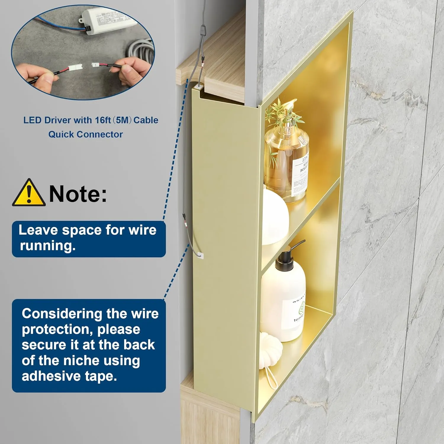 2-Tiers 12x24 Shower Niche with LED Light Strips, Golden Recessed Wall Cabinet, Stainless Steel Wall Niche for Shower Wall, Waterproof NO Tile Needed Storage Organizer (3000K LED Light)