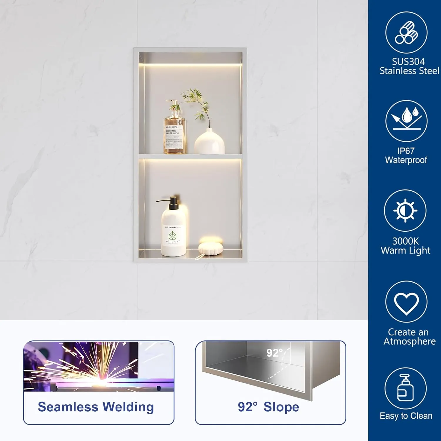 2-Tiers 12x24 Wall Niche With LED Light Strips, Brushed Shower Cabinet, Stainless Steel Bathroom Shelf, NO Tile Needed Recessed Storage Organizer (Non-dimmable)
