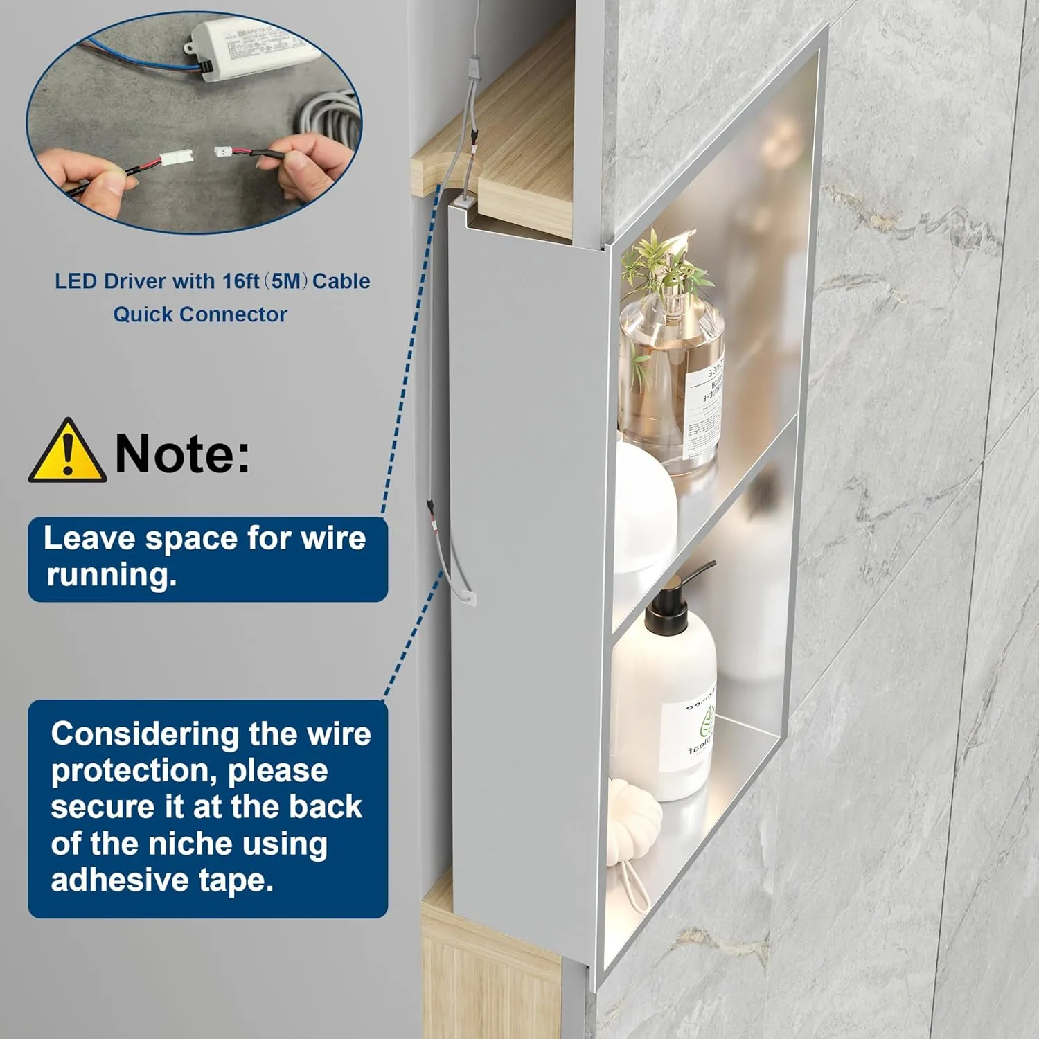 2-Tiers 12x24 Wall Niche With LED Light Strips, Brushed Shower Cabinet, Stainless Steel Bathroom Shelf, NO Tile Needed Recessed Storage Organizer (Non-dimmable)