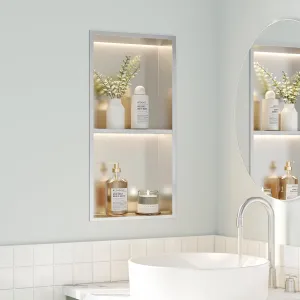 2-Tiers 12x24 Wall Niche With LED Light Strips, Brushed Shower Cabinet, Stainless Steel Bathroom Shelf, NO Tile Needed Recessed Storage Organizer (Non-dimmable)