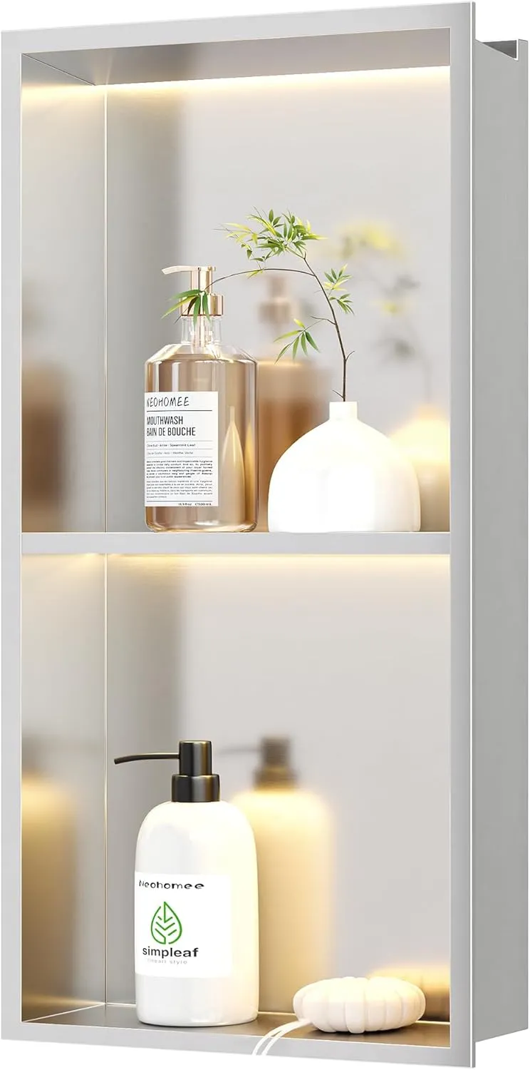 2-Tiers 12x24 Wall Niche With LED Light Strips, Brushed Shower Cabinet, Stainless Steel Bathroom Shelf, NO Tile Needed Recessed Storage Organizer (Non-dimmable)