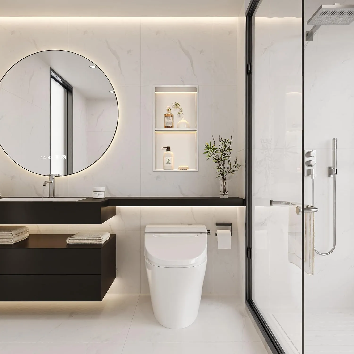 2-Tiers 12x24 Wall Niche With LED Light Strips, Brushed Shower Cabinet, Stainless Steel Bathroom Shelf, NO Tile Needed Recessed Storage Organizer (Non-dimmable)