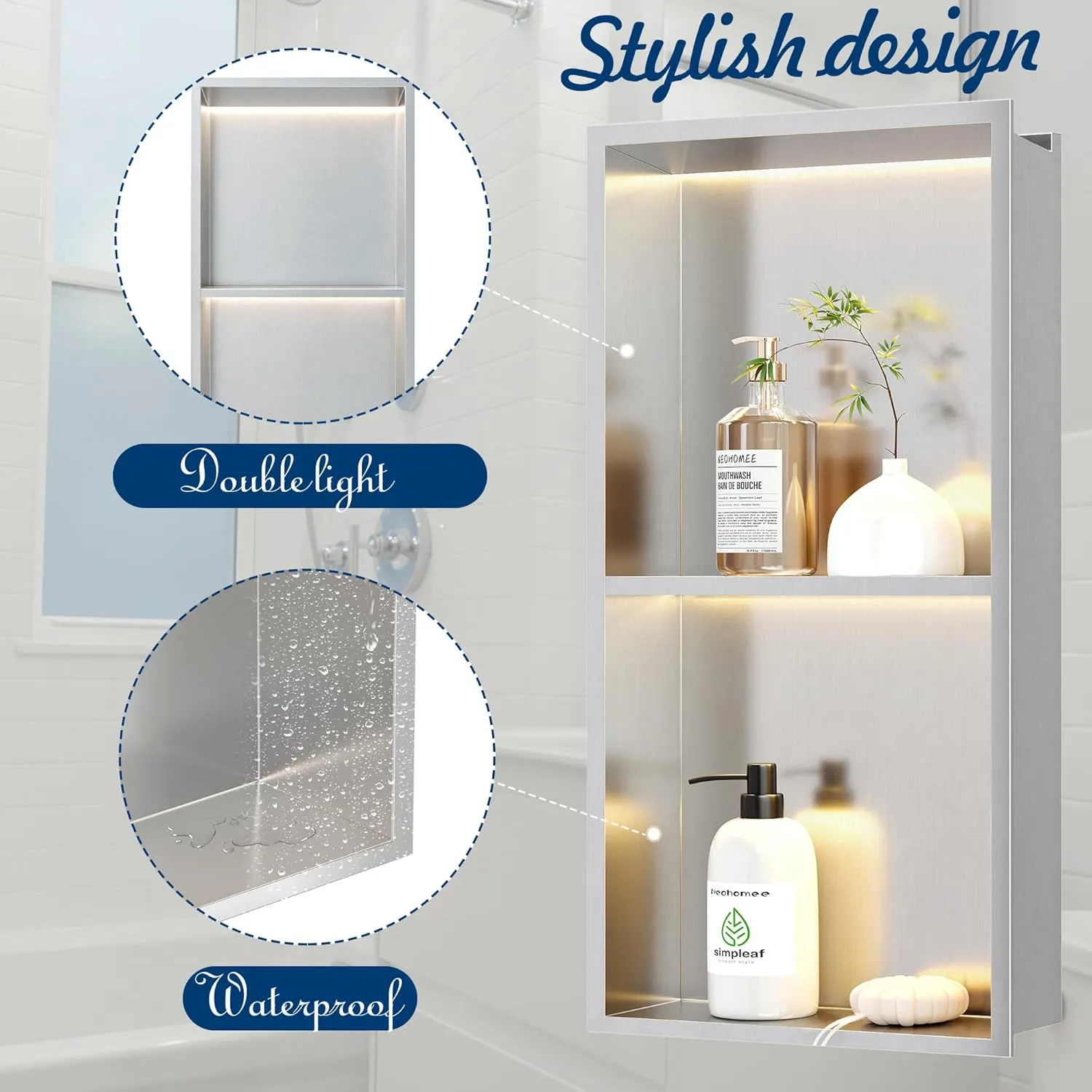 2-Tiers 12x24 Wall Niche With LED Light Strips, Brushed Shower Cabinet, Stainless Steel Bathroom Shelf, NO Tile Needed Recessed Storage Organizer (Non-dimmable)
