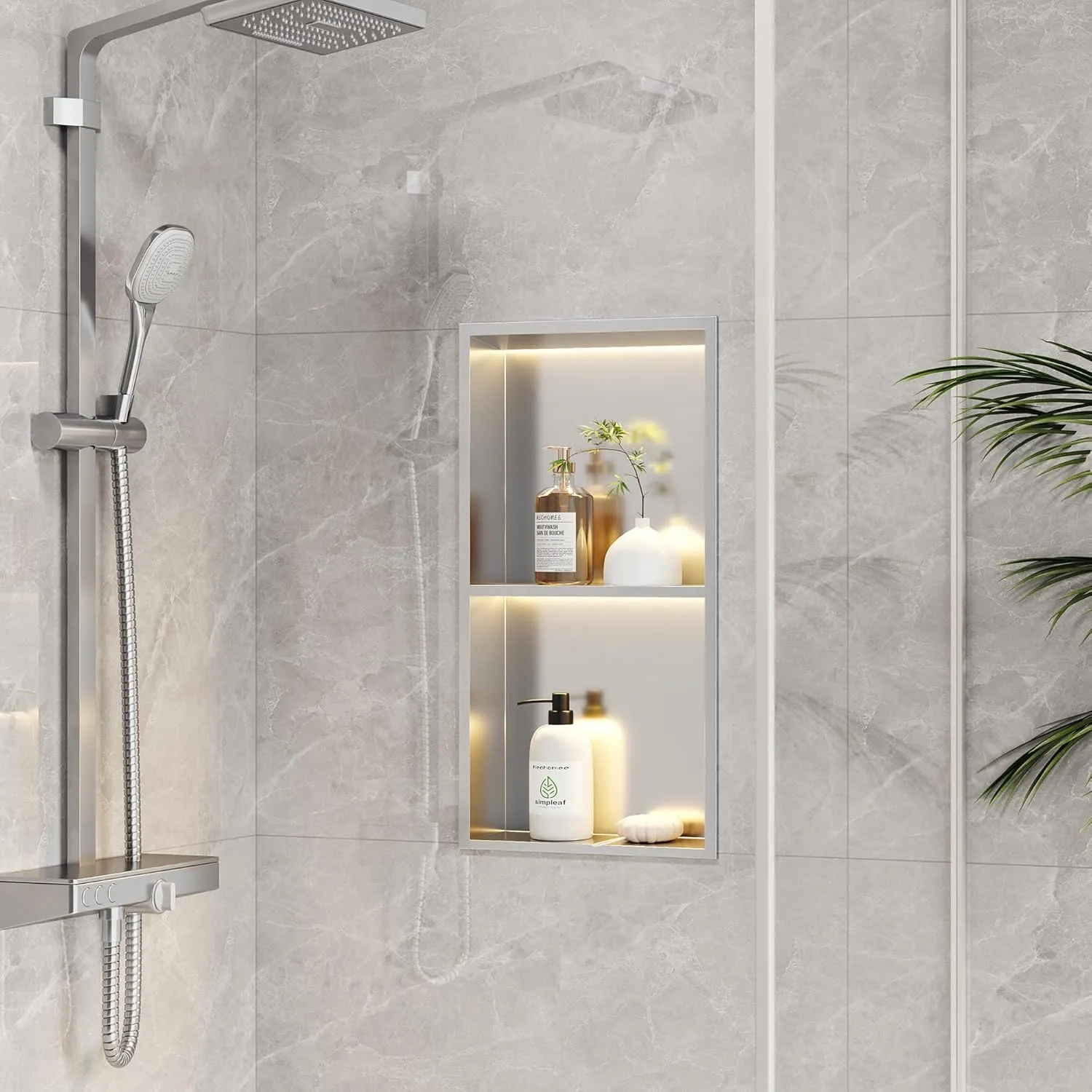 2-Tiers 12x24 Wall Niche With LED Light Strips, Brushed Shower Cabinet, Stainless Steel Bathroom Shelf, NO Tile Needed Recessed Storage Organizer (Non-dimmable)