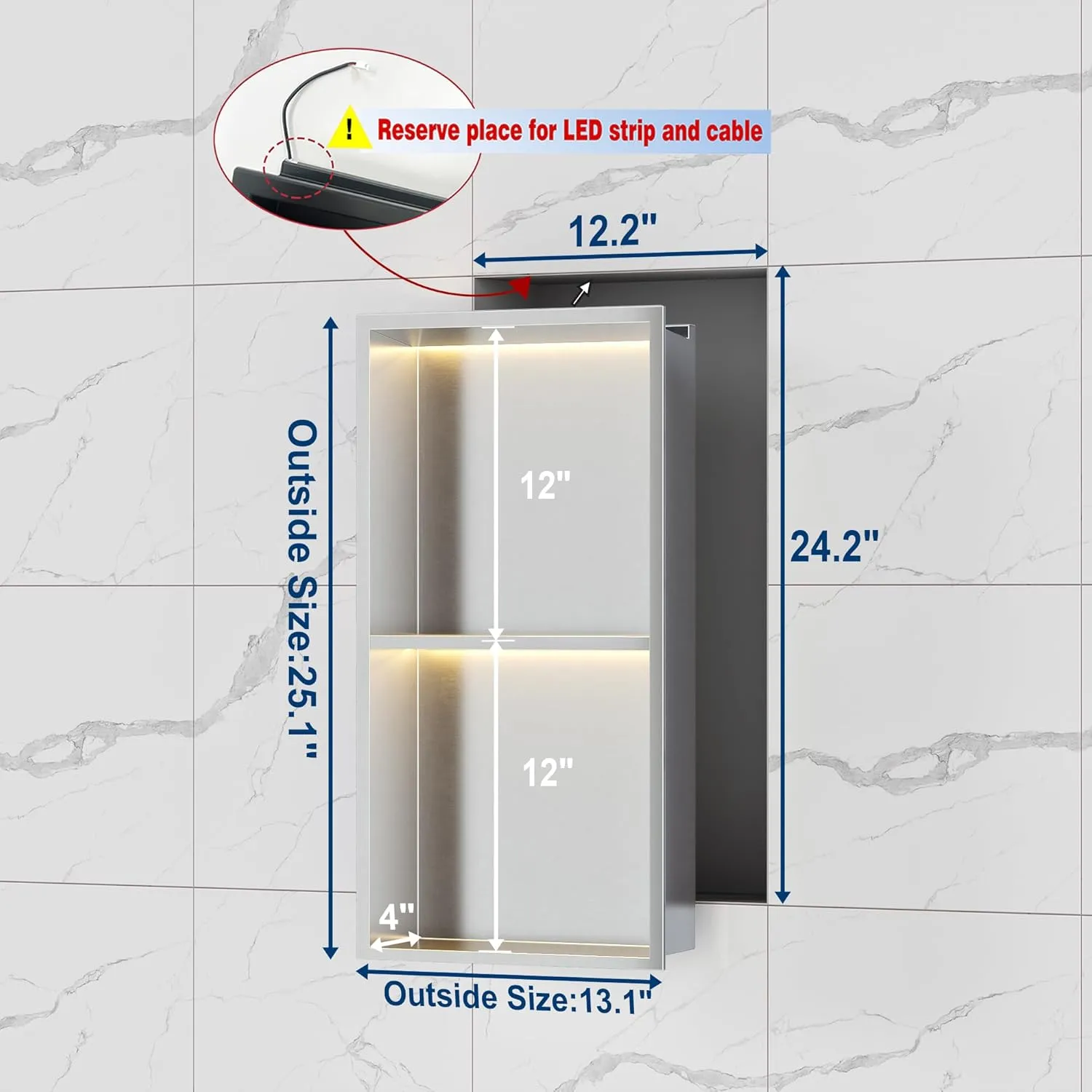 2-Tiers 12x24 Wall Niche With LED Light Strips, Brushed Shower Cabinet, Stainless Steel Bathroom Shelf, NO Tile Needed Recessed Storage Organizer (Non-dimmable)