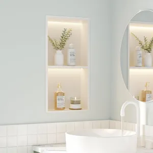 2-Tiers 12x24 Wall Niche with LED Light Strips, White Shower Niche Cabinet, Stainless Steel Bathroom Shelf, NO Tile Needed Recessed Storage Organizer (Non-dimmable LED Light)