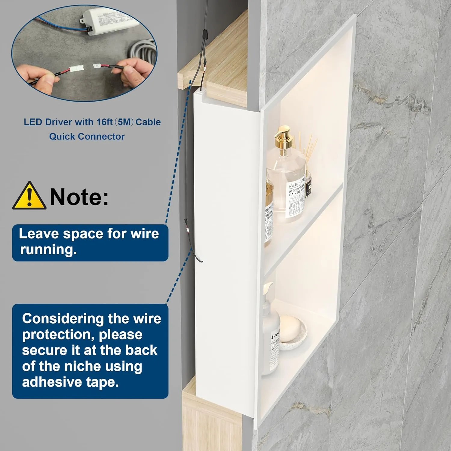 2-Tiers 12x24 Wall Niche with LED Light Strips, White Shower Niche Cabinet, Stainless Steel Bathroom Shelf, NO Tile Needed Recessed Storage Organizer (Non-dimmable LED Light)