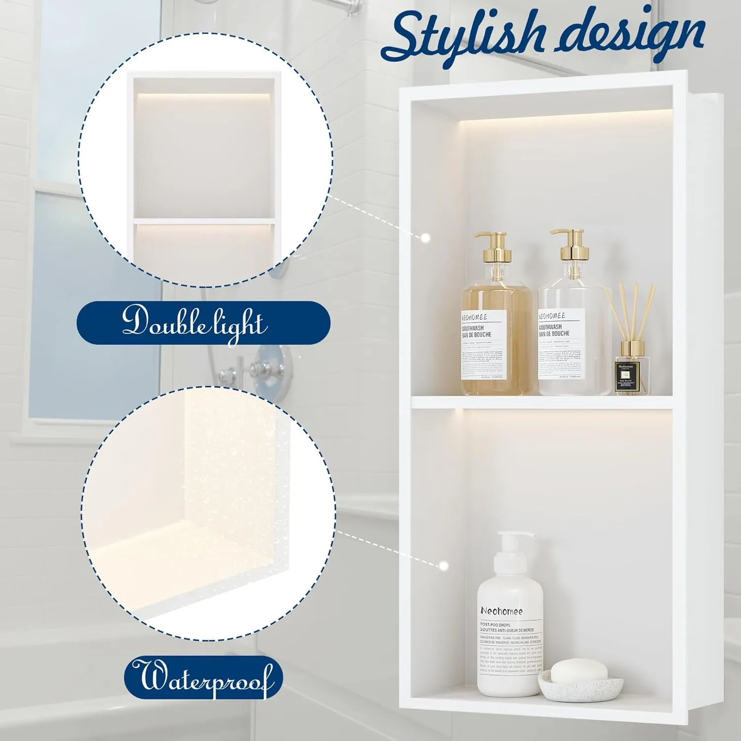 2-Tiers 12x24 Wall Niche with LED Light Strips, White Shower Niche Cabinet, Stainless Steel Bathroom Shelf, NO Tile Needed Recessed Storage Organizer (Non-dimmable LED Light)