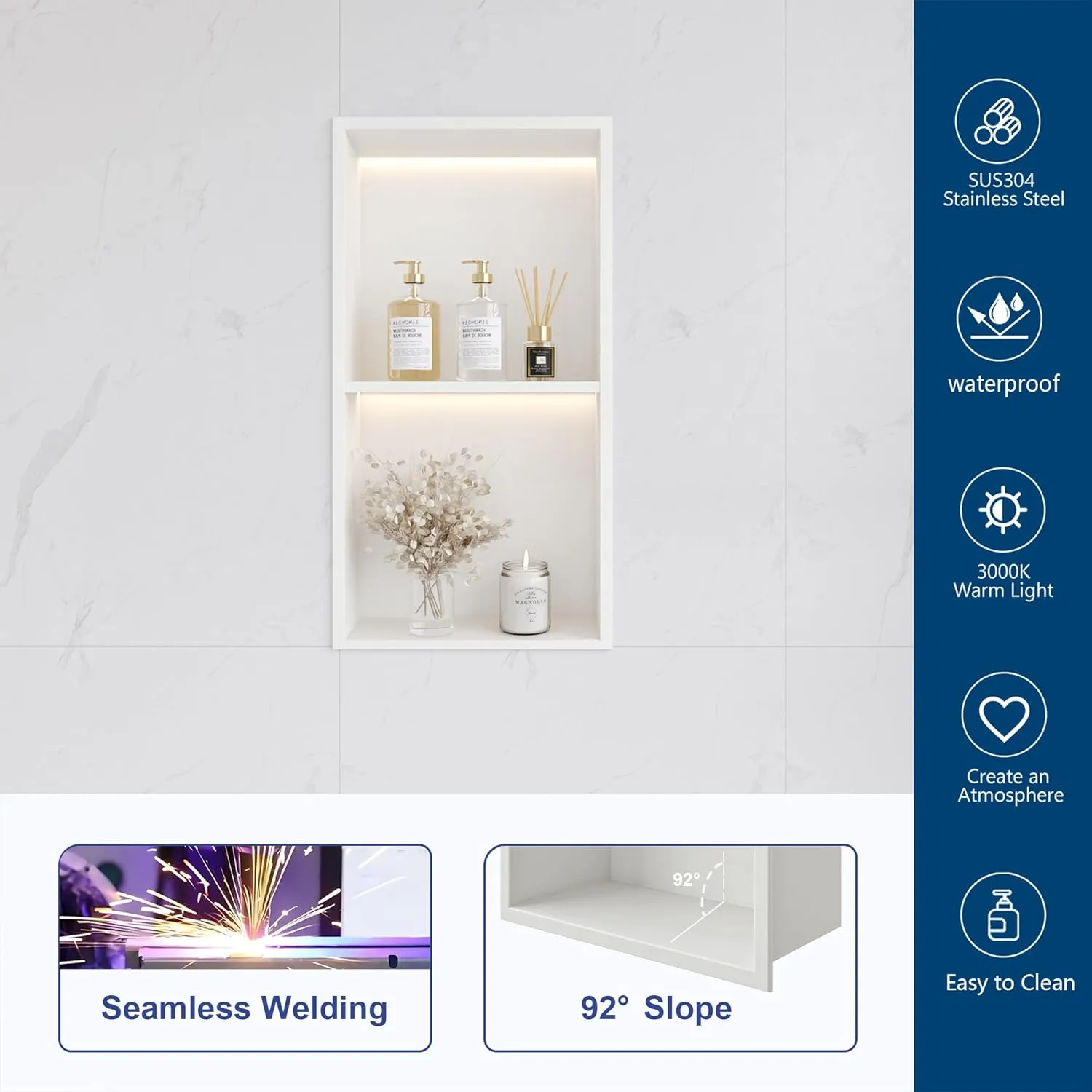 2-Tiers 12x24 Wall Niche with LED Light Strips, White Shower Niche Cabinet, Stainless Steel Bathroom Shelf, NO Tile Needed Recessed Storage Organizer (Non-dimmable LED Light)