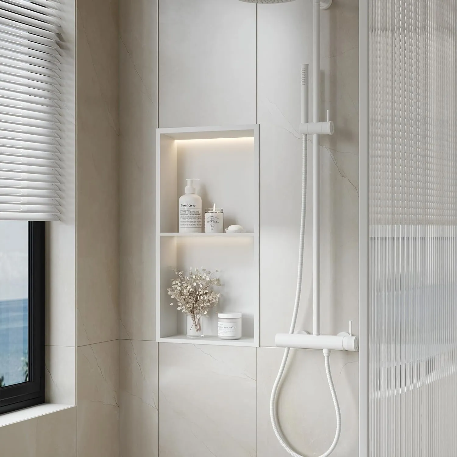 2-Tiers 12x24 Wall Niche with LED Light Strips, White Shower Niche Cabinet, Stainless Steel Bathroom Shelf, NO Tile Needed Recessed Storage Organizer (Non-dimmable LED Light)