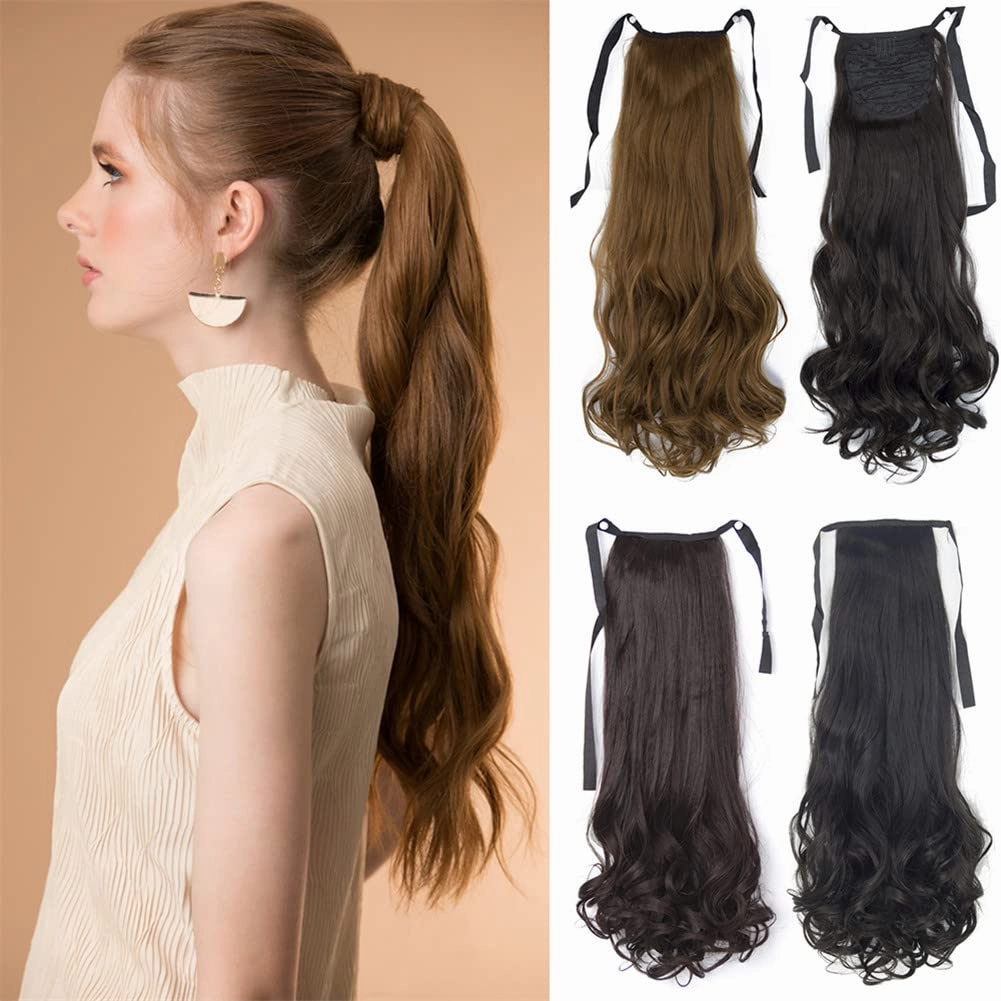 22 Inch Synthetic Ponytailtails Bandage Hair Piece Long Wavy Hair Extensions Heat Resistant Fiber Hairpieces 12 22IN
