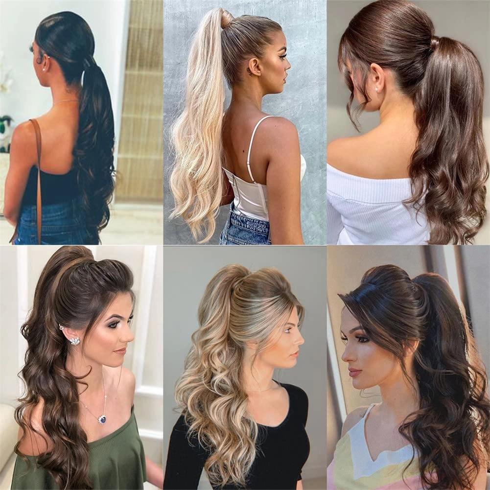 22 Inch Synthetic Ponytailtails Bandage Hair Piece Long Wavy Hair Extensions Heat Resistant Fiber Hairpieces 27 22IN
