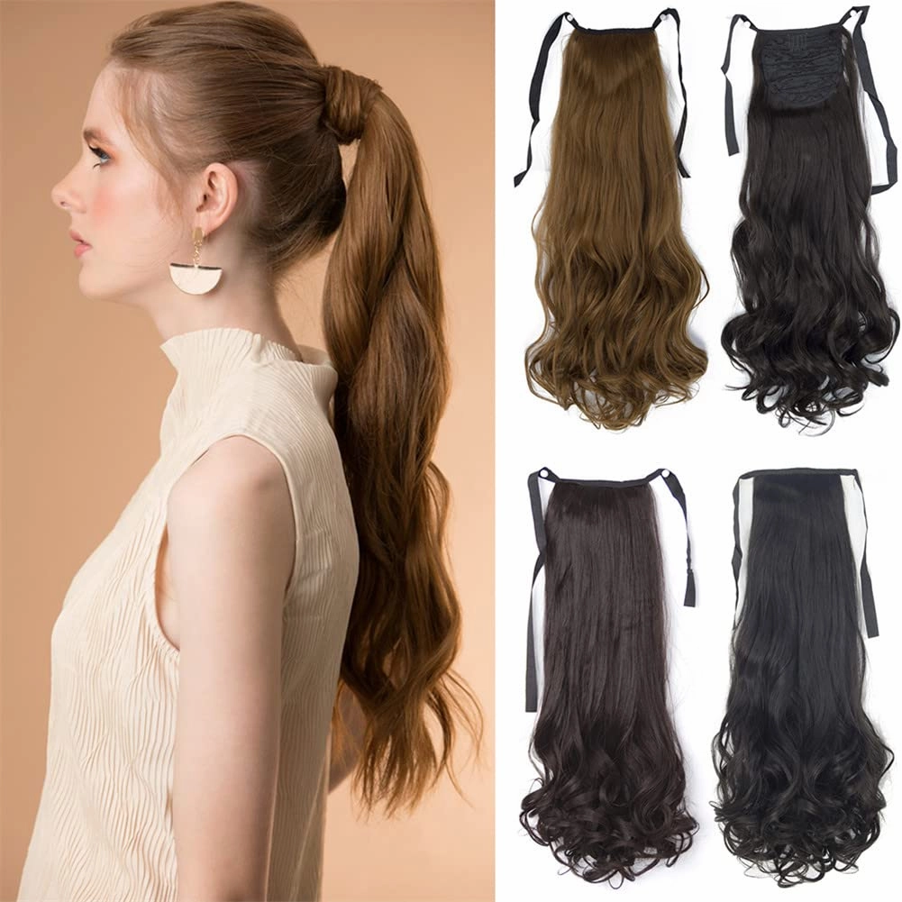 22 Inch Synthetic Ponytailtails Bandage Hair Piece Long Wavy Hair Extensions Heat Resistant Fiber Hairpieces 27 22IN