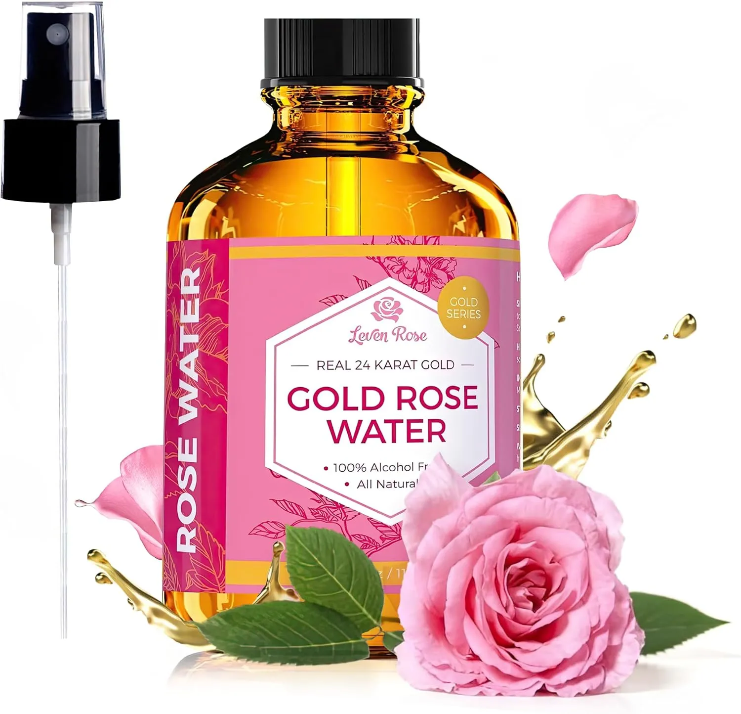 24 Karat Gold Rose Water Toner by Leven Rose Natural Moroccan 24K Rosewater Toner 4 oz