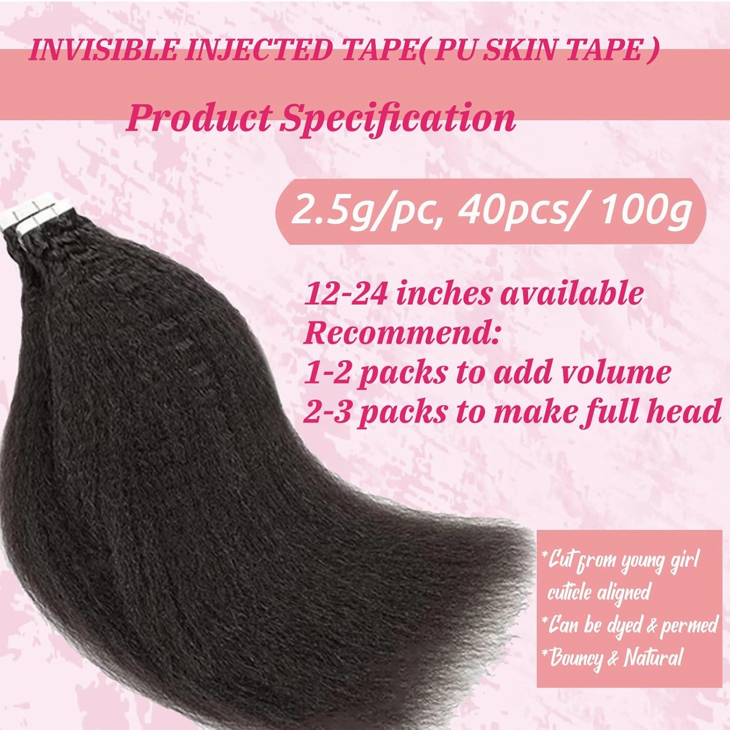 24Inch Kinky Straight Tape in Hair Extensions Human Hair Natural Black Tape in Extensions 40 Pieces 100G Double Sided Kinky Straight Tape Hair Invisible Kinky Tape ins Hair Extensions for Black Women