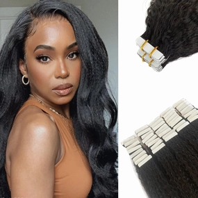 24Inch Kinky Straight Tape in Hair Extensions Human Hair Natural Black Tape in Extensions 40 Pieces 100G Double Sided Kinky Straight Tape Hair Invisible Kinky Tape ins Hair Extensions for Black Women