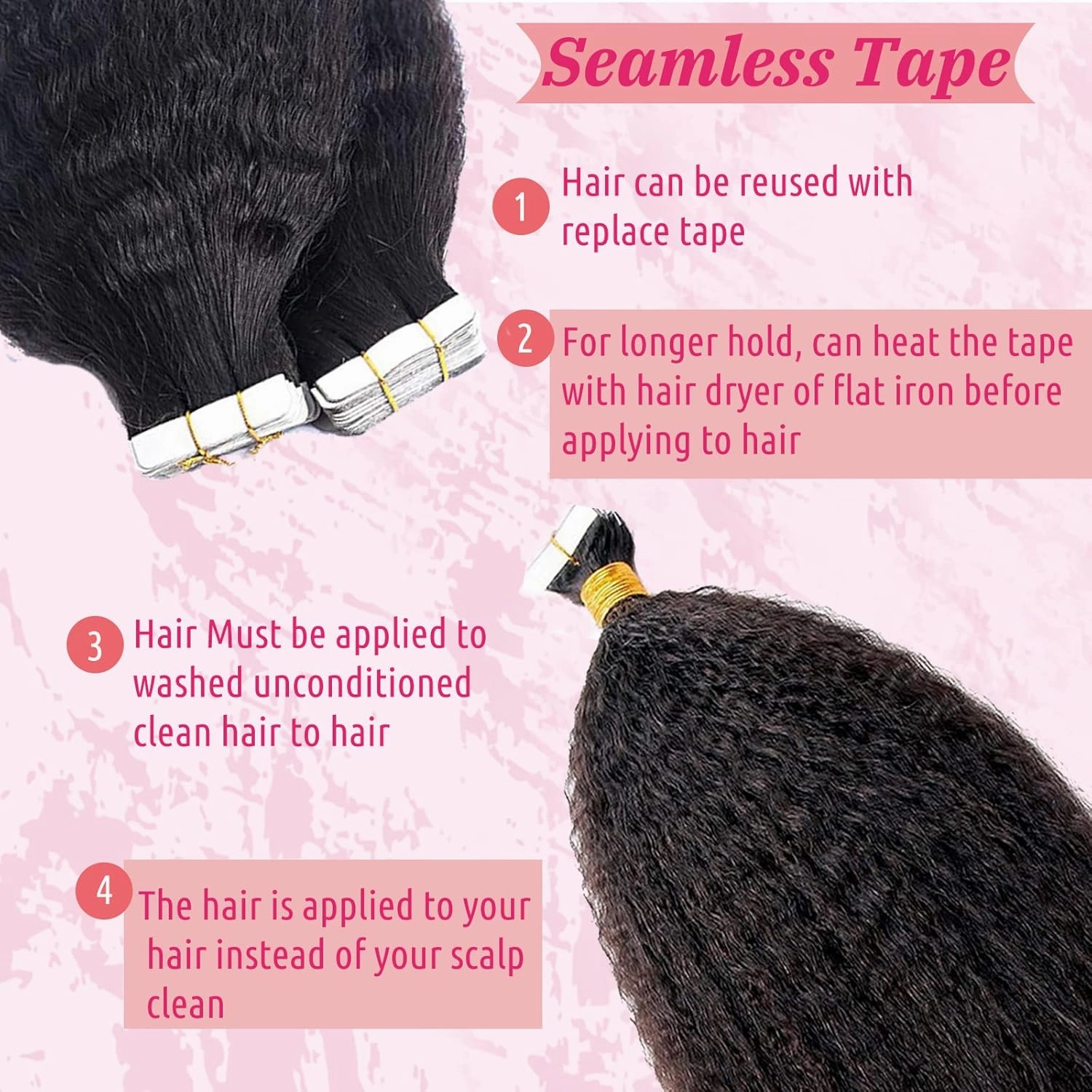 24Inch Kinky Straight Tape in Hair Extensions Human Hair Natural Black Tape in Extensions 40 Pieces 100G Double Sided Kinky Straight Tape Hair Invisible Kinky Tape ins Hair Extensions for Black Women